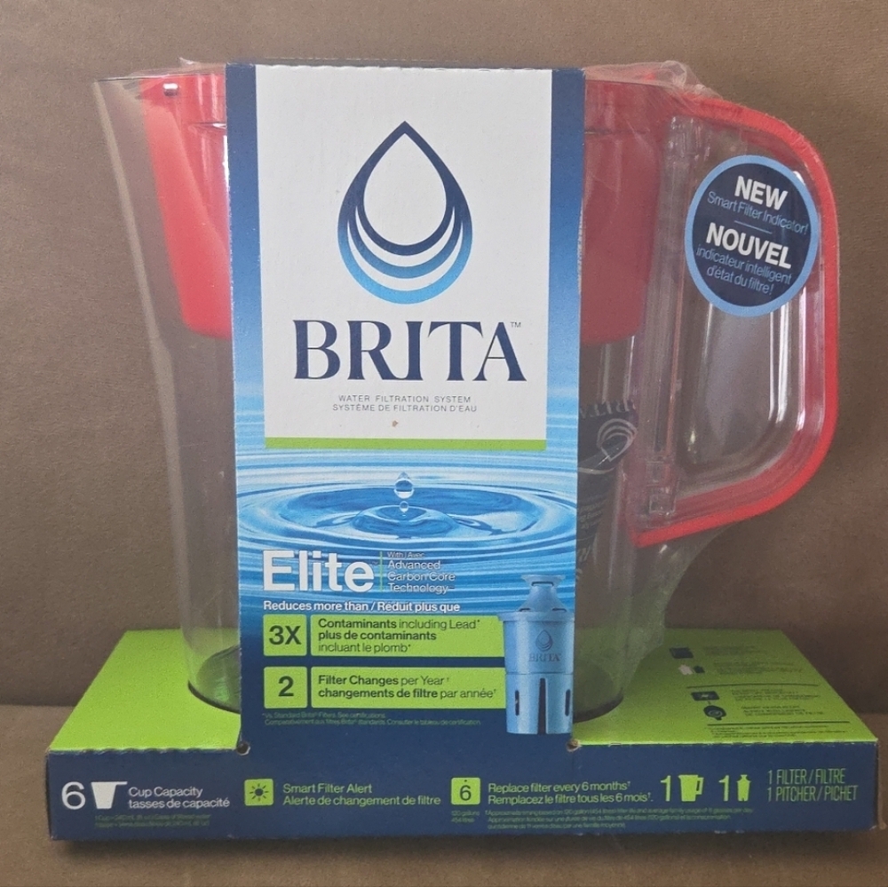 New Brita Elite 6-Cup Red Water Pitcher 1 Pack Clean Filter Smart Filter Alert